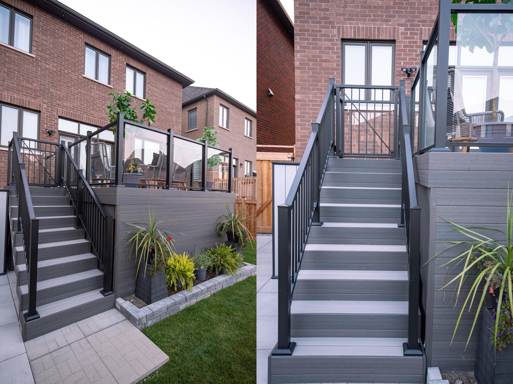 Side-by-side images of the Fiberon modern outdoor staircase with gray steps and black railings leading to a raised patio. The patio is bordered by glass panels and decorated with potted plants. The setting includes brick walls and a paved walkway.
