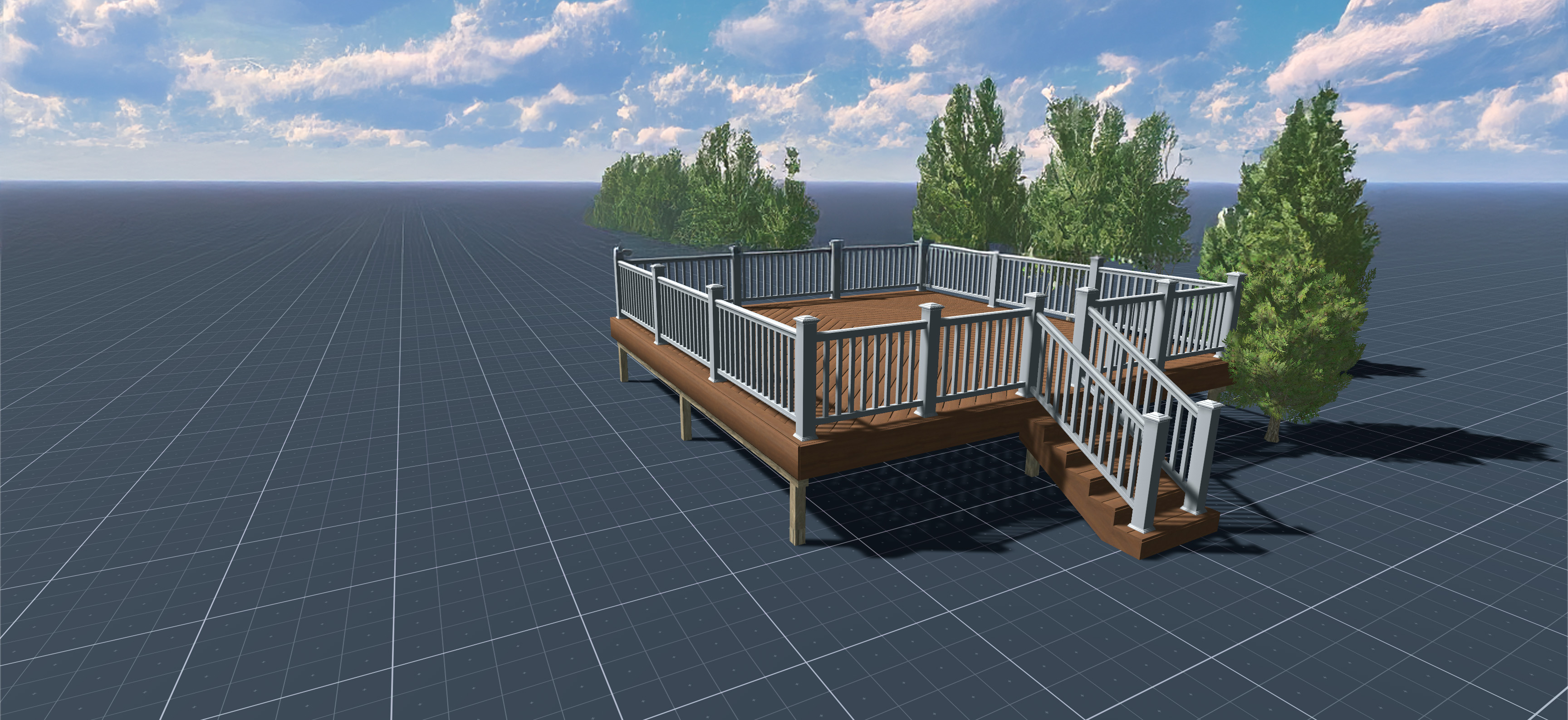 3d-deck-design-Toronto2 A virtual rendering of a wooden deck, crafted by a custom deck designer in Toronto, features white railings and stairs on a grid surface. The structure is nestled amid green trees beneath a partially cloudy blue sky.