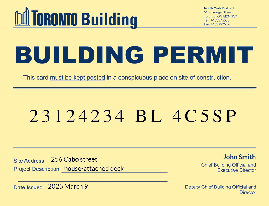 Deck Permit Toronto: This building permit for Toronto Building, ID 23124234 BL 4C5SP, outlines a house-attached deck at 256 Cabo Street. Issued on March 9, 2025, it includes details of the involved building officials.