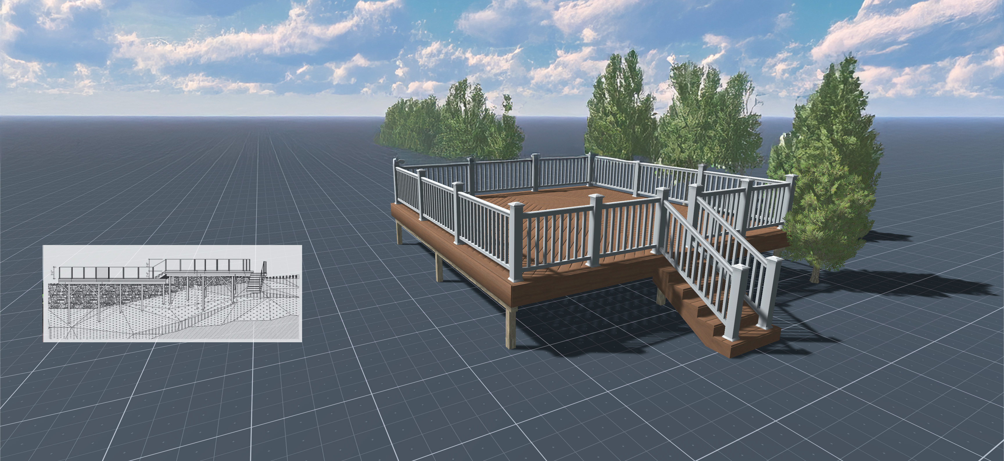 Deck-Permits-Toronto-GTA-help A 3D model of a deck with stairs surrounded by trees on a grid surface. The left side features a design blueprint with a green APPROVED stamp and a checkmark. The sky is clear with scattered clouds.
