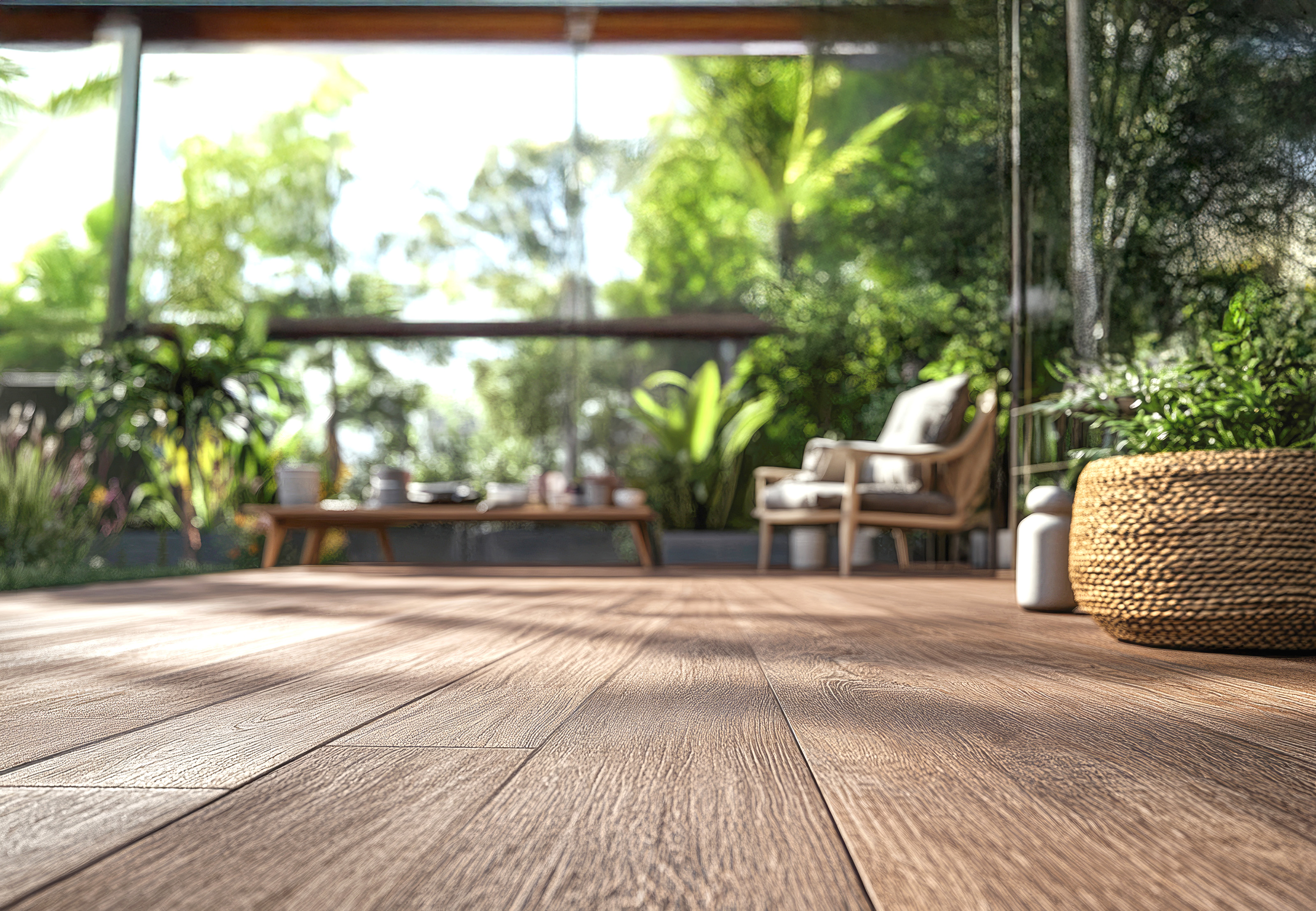 Delta-Decks-Deck-Builder-Final-Product A cozy sunlit room with a wooden floor and large windows revealing lush greenery outside. Inside, there are two wicker baskets, potted plants, and a set of comfortable chairs. Sunlight casts gentle patterns on the floor.