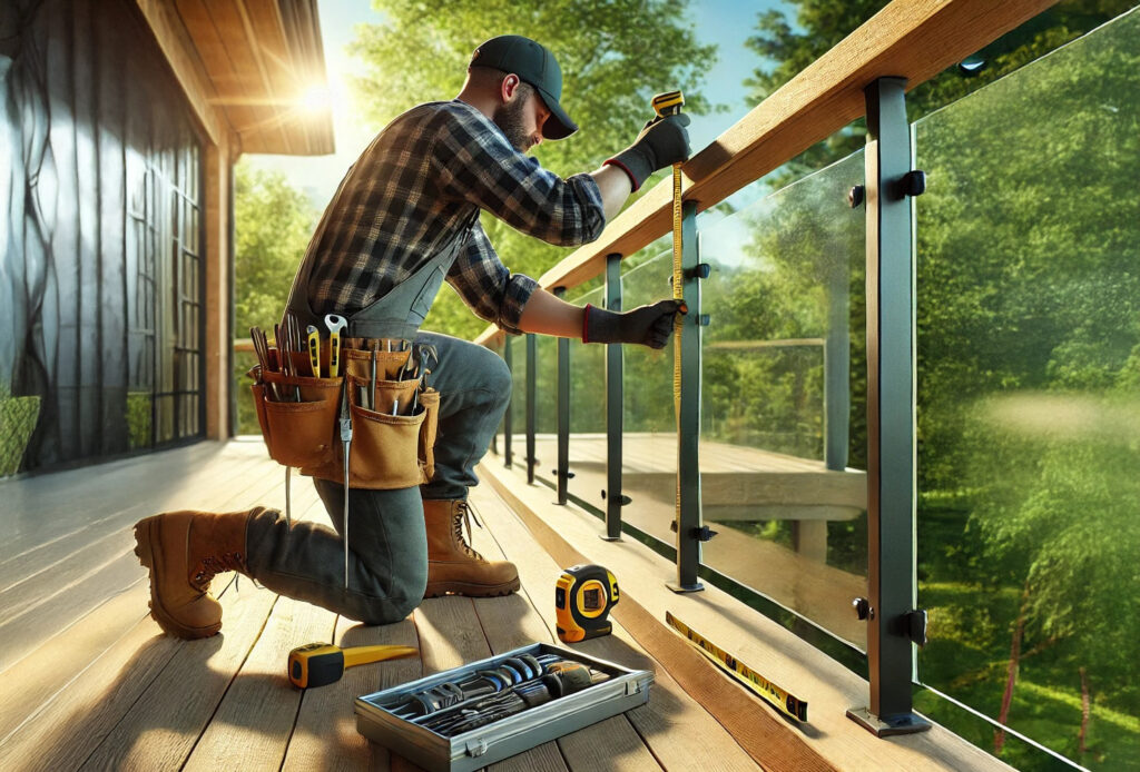A railing installer at work, donning a cap and plaid shirt, kneels on a wooden deck, skillfully installing a glass railing. Equipped with a tool belt and power drill, they are surrounded by essential tools. The sun sets beautifully behind lush trees.