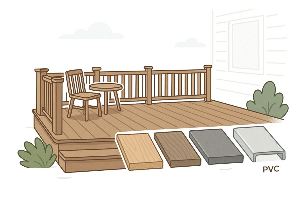 Illustration of a wooden deck with a table and chair, surrounded by a railing. Below, four plank samples in beige, brown, gray, and white, labeled PVC, represent different deck material options.