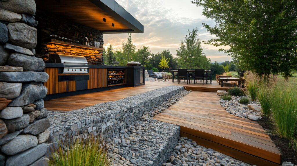 Luxurious outdoor kitchen and dining area featuring a gabion retaining wall, wooden deck, and barbecue grill, perfect for entertaining