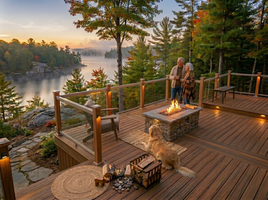 An older couple stands by a fire pit on a wooden deck overlooking a lake at sunset, with a dog lying nearby.